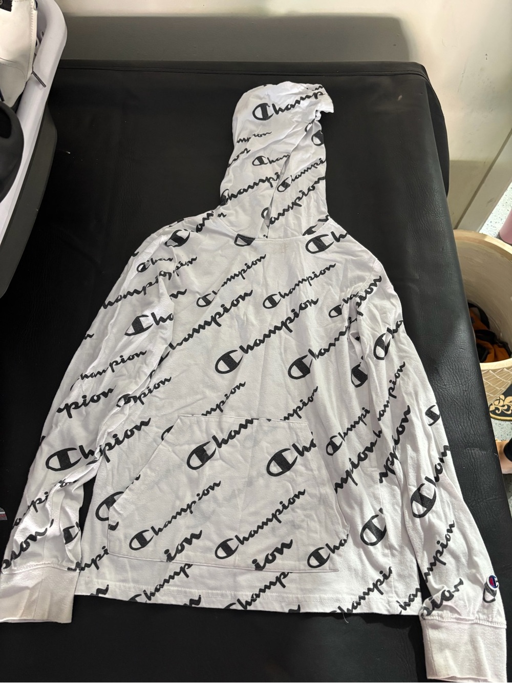 Champion White Hoodie with Black Script All-Over Print